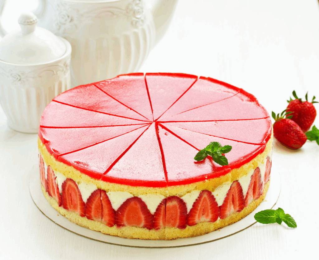 Tort z kremem waniliowym i żelką truskawkową.